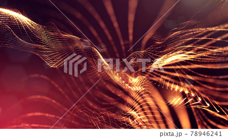 3d rendering background of microworld or sci-fi theme with glowing particles form curved lines, 3d surfaces, grid structures with depth of field, bokeh. Golden red wave forms 78946241
