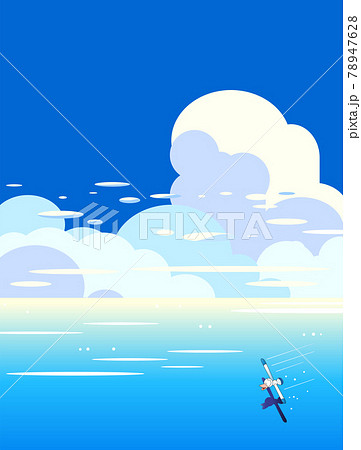カモメと青い海と夏空の積乱雲のイラスト素材