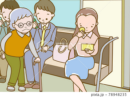 老人が車内で席を譲ってもらえないイラストのイラスト素材 7435