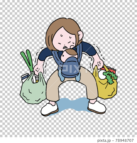 家庭主婦抱著嬰兒拼命提著沉重的購物袋 78948707