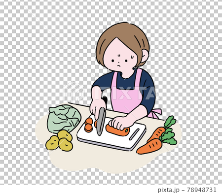 野菜を切る主婦 困り顔のイラスト素材