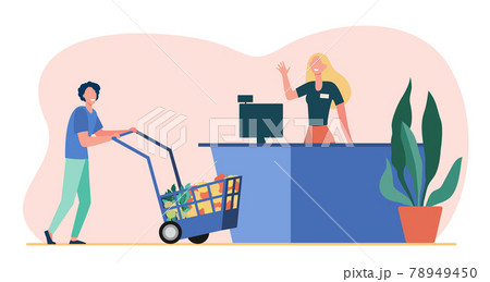 Male customer wheeling shopping cart to cash register Male customer wheeling shopping cart to cash register 78949450