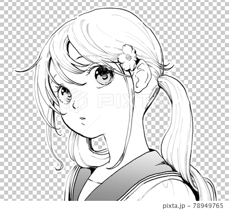 セーラー服お下げ髪の女の子のモノクロイラスト　きょとん顔版 78949765