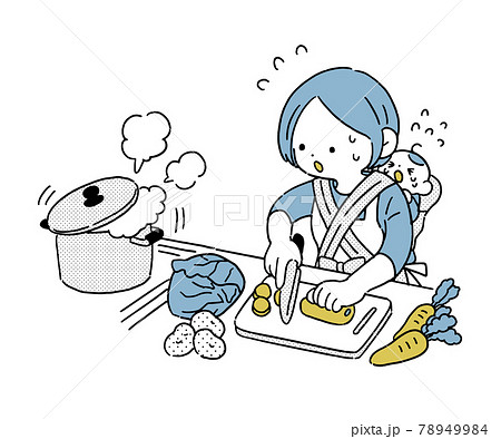 赤ちゃんをおんぶして慌ただしく料理をする主婦 シンプル 赤ちゃんをおんぶして慌ただしく料理をする主婦 シンプル 78949984