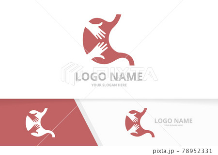 Vector stomach and embrace logo combination. Gastrointestinal tract and hands logotype design template. 78952331