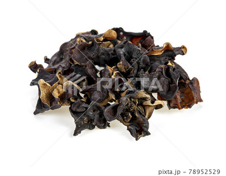 Dry black fungus, tree ear or wood ear mushroom isolated on white background. Dry black fungus, tree ear or wood ear mushroom isolated on white background. 78952529