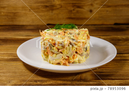 Tasty salad with chicken breast, roasted mushrooms, carrots, grated cheese, eggs and mayonnaise on wooden table Tasty salad with chicken breast, roasted mushrooms, carrots, grated cheese, eggs and mayonnaise on wooden table 78953096