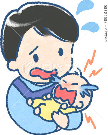 泣く赤ちゃんを抱いて戸惑う エプロンを着た若い男性のイラスト フルカラー のイラスト素材
