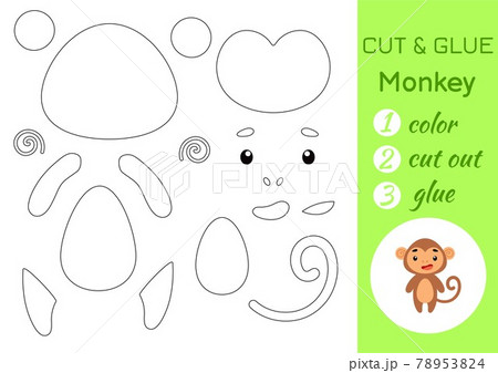 Color, cut and glue paper little monkey. Cut and paste crafts activity page. Educational game for preschool children. DIY worksheet. Kids logic game, puzzle. Vector stock illustration. 78953824