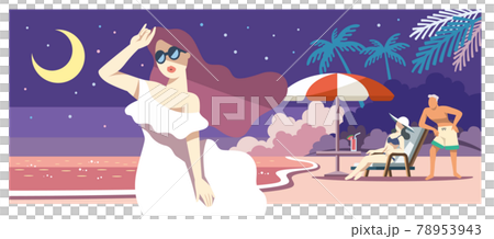 月夜海邊與接受陽光的女人插畫素材 月夜海邊與接受陽光的女人插畫素材 78953943