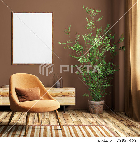 Interior of modern living room with poster and orange armchair 3d rendering Interior of modern living room with poster and orange armchair 3d rendering 78954408