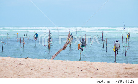 Weligama, Sri Lanka - 07 26 2020: group of locals in a stilt pole, fishing scene in Weligama beach, patiently waiting for the small fish to take the bait, beautiful landscape scenery in the evening. 78954928