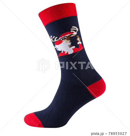 one voluminous sock in blue and red, with a drawing of a fabulous elk in a santa claus hat, on a white background 78955027