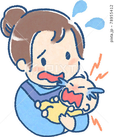 泣く赤ちゃんを抱いて戸惑う エプロンを着た若い女性のイラスト フルカラー のイラスト素材