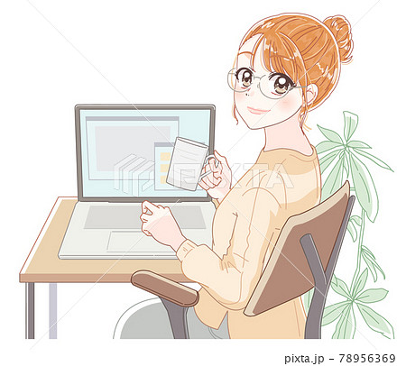 在宅ワーク リモートワーク 副業をする女性のイラスト素材