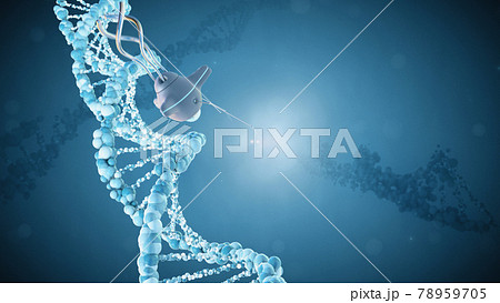 Medical nanobots repair a damaged section of DNA. 3D render. Medical nanobots repair a damaged section of DNA. 3D render. 78959705