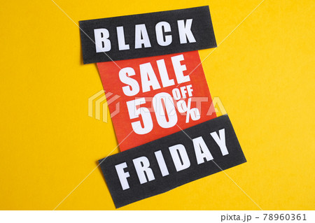 Black Friday sale concept. Fifty percent discount. Sale sticker on yellow background. 78960361
