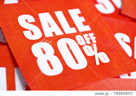 Inscriptions on sale in percentages (80) printed on red paper. Inscriptions on sale in percentages (80) printed on red paper. 78960855