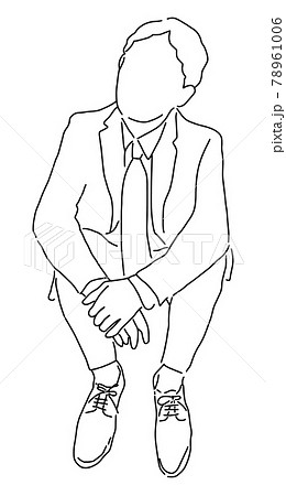 線画の男性イラスト 座る会社員 スーツ サラリーマン シンプル 手描き おしゃれ 考える 眺めるのイラスト素材