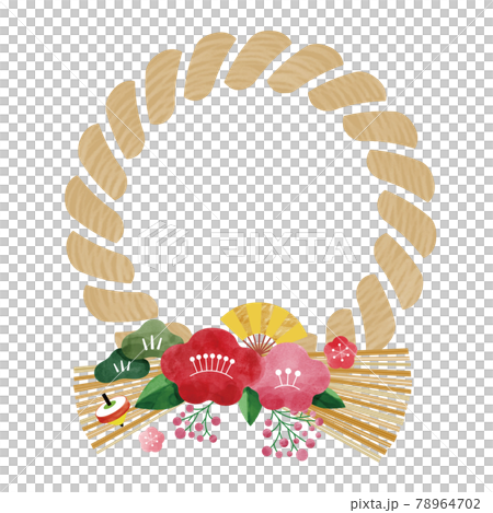 縁起がいいお正月飾り。水彩画のベクターイラスト。リースの形でカラフルな飾り付き。白地で移動ができる。 78964702