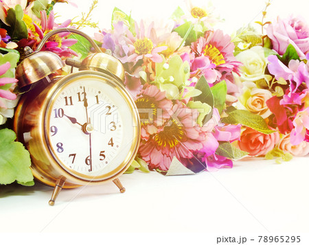 alarm clock and artificial flowers bouquet with filter color alarm clock and artificial flowers bouquet with filter color 78965295
