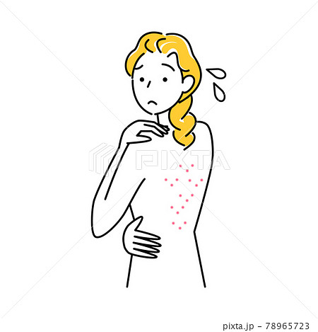 スキンケア 背中にポツポツ ニキビ が出来て悲しんでいる可愛い女性 イラスト シンプル ベクターのイラスト素材