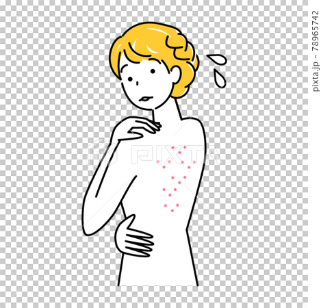 スキンケア 背中にポツポツ（ニキビ）が出来て悲しんでいる可愛い女性 イラスト シンプル ベクター 78965742