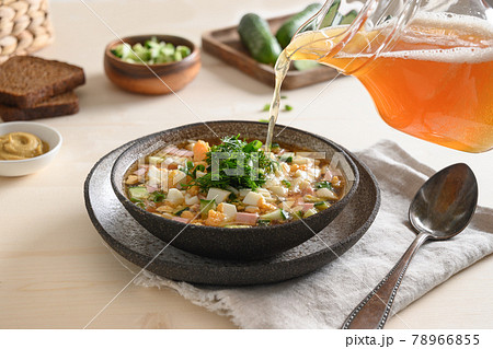 Traditional homemade Russian cold okroshka on kvass. 78966855