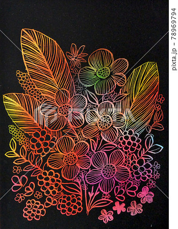 花と葉のかたまりを描いたスクラッチアートのイラスト素材