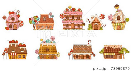 Sweet Candy House Made of Cookie Dough as Shaped Baked Confectionery Vector Set 78969879