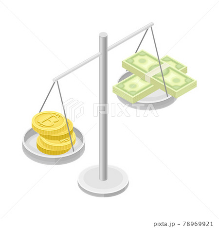 Blockchain Technology with Scales Weighing Bitcoin Gold Coin and Dollar Banknote Isometric Vector Illustration 78969921