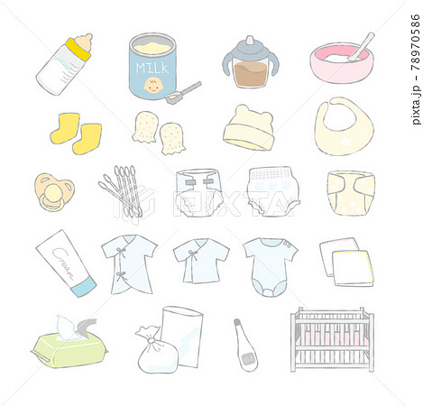 手書き風の赤ちゃんのお世話用品 ベビーグッズ イラストのイラスト素材