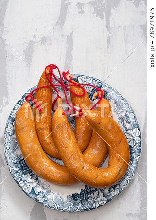 portuguese smoked sausages farinheira on beautiful dish 78971975