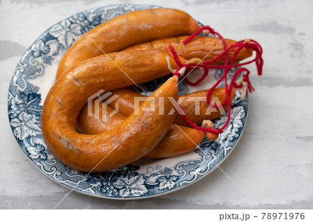 portuguese smoked sausages farinheira on beautiful dish 78971976