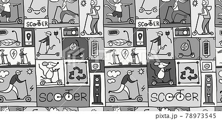 Scooter Comics Background. Ecological Green transport concept. Seamless pattern for your design. Grayscale color Scooter Comics Background. Ecological Green transport concept. Seamless pattern for your design. Grayscale color 78973545