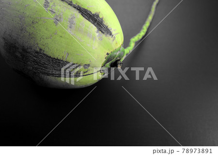 Fresh coconut fruit with muted moody green flat lay on black texture abstract background. Dark moody photography. Negative space, free space, horizontal image style. Fresh coconut fruit with muted moody green flat lay on black texture abstract background. Dark moody photography. Negative space, free space, horizontal image style. 78973891