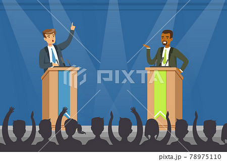 Leaders of Opposing Political Parties Talking on Public Debates, Politicians Standing Behind Rostrum and Giving Speech Vector Illustration Leaders of Opposing Political Parties Talking on Public Debates, Politicians Standing Behind Rostrum and Giving Speech Vector Illustration 78975110