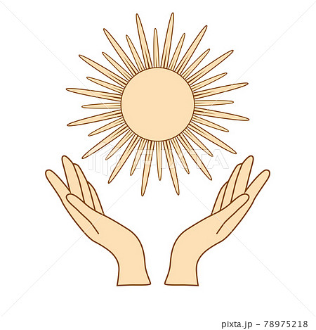 Mystical drawing: human hands hold the sun. Circle of a phase of the moon. Sacred geometry, card. 78975218