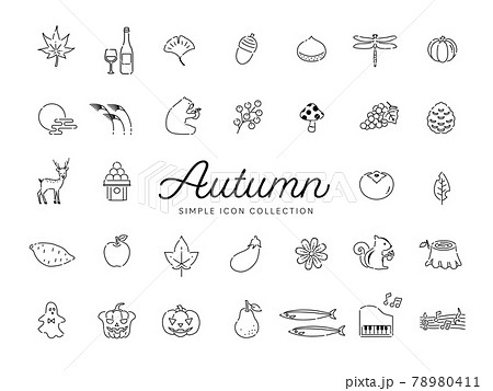 秋のシンプルな線画イラストアイコンセット03 モノトーン 紅葉 食べ物 動物 花 果物のイラスト素材