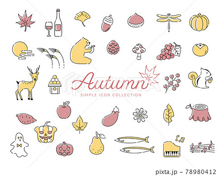 秋のシンプルな線画イラストアイコンセット01 2色 紅葉 食べ物 動物 花 果物のイラスト素材