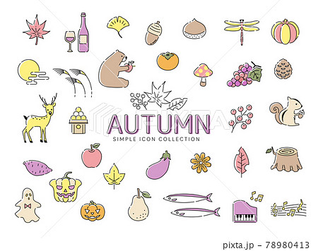 秋のシンプルな線画イラストアイコンセット02 カラフル 紅葉 食べ物 動物 花 果物のイラスト素材 秋のシンプルな線画イラストアイコンセット02 カラフル 紅葉 食べ物 動物 花 果物のイラスト素材