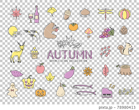 秋のシンプルな線画イラストアイコンセット02 カラフル / 紅葉、食べ物、動物、花、果物 秋のシンプルな線画イラストアイコンセット02 カラフル / 紅葉、食べ物、動物、花、果物 78980413