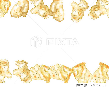 手描き水彩の焼き肉 バジルチキンの上下フレームイラストのイラスト素材 7879