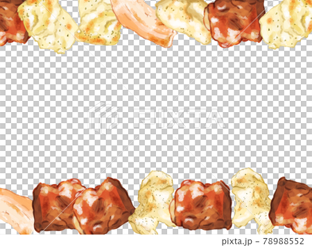手描き水彩のいろんな焼き肉の上下フレームイラストのイラスト素材 7552 手描き水彩のいろんな焼き肉の上下フレームイラストのイラスト素材 7552
