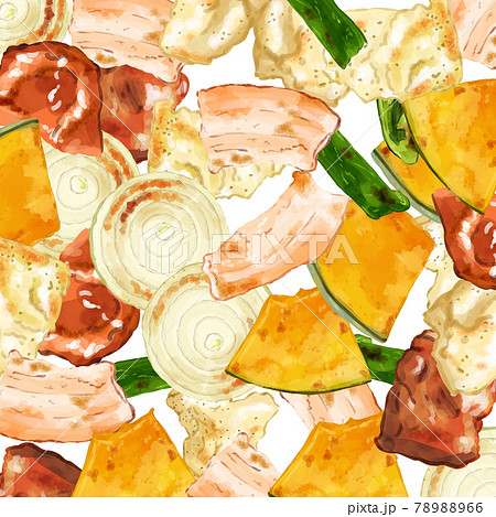 手描き水彩の焼肉と焼野菜の正方形壁紙イラストのイラスト素材 7866