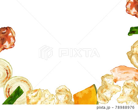 手描き水彩の焼肉と焼野菜の下フレームイラストのイラスト素材 7876