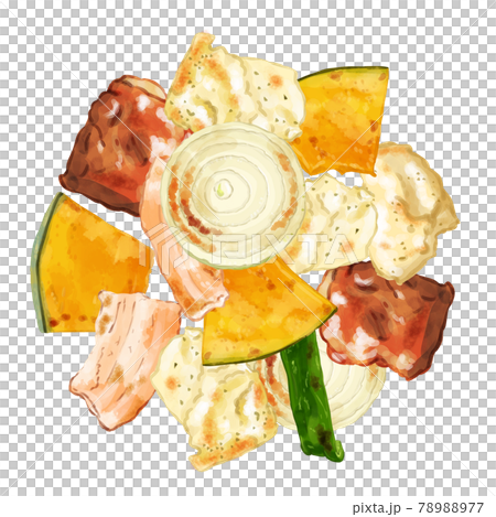 手描き水彩の焼肉と焼野菜の円埋めつくしフレームイラストのイラスト素材 7877