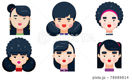 Set of woman faces with various hairstyle. Collection of young girls portraits. Different avatars of black haired girl. Flat Design Vector illustration. 78989814