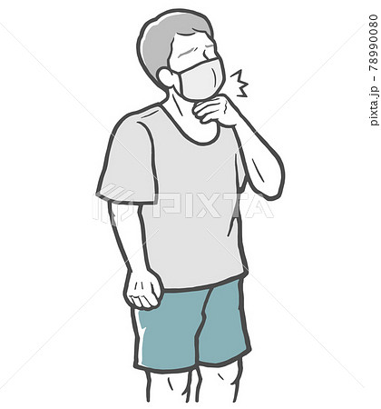 マスクをした、のどの痛みを感じる中年男性 78990080