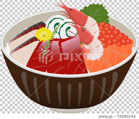 Bowl of rice topped with sashimi  78990248